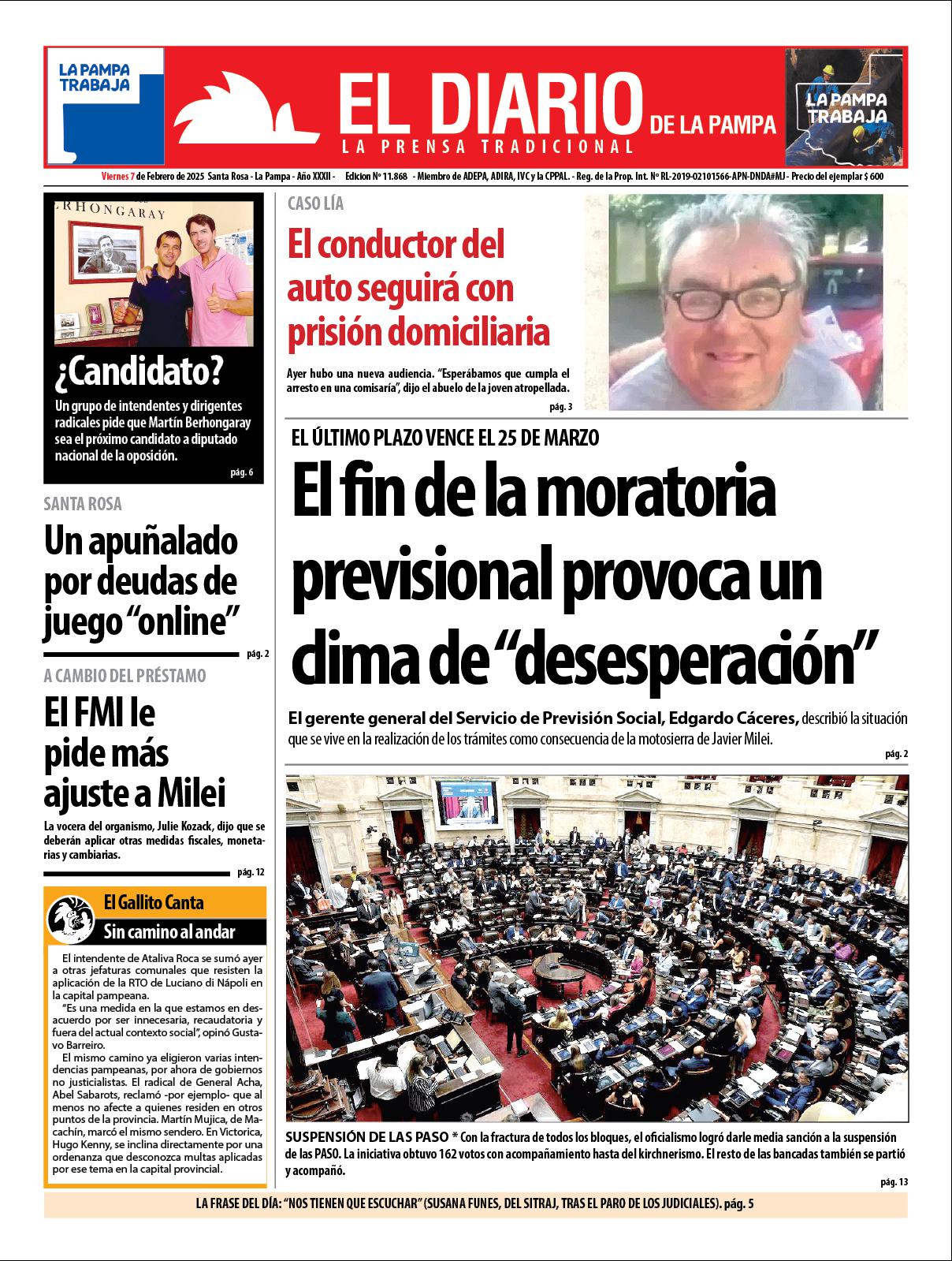 Tapa de El Diario en papel  viernes 07 de febrero de 2025